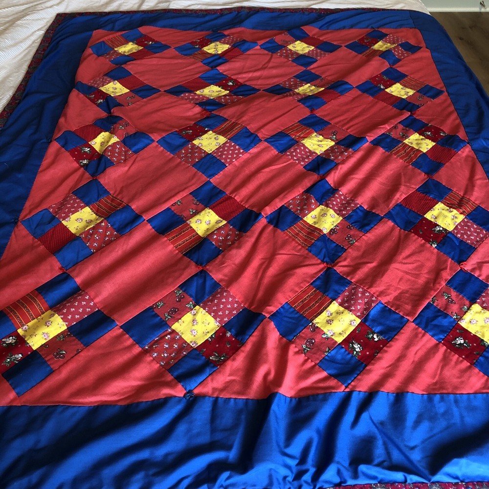 Handmade Lap Quilt Throw 45 x 55” Patchwork 9 Square Tied Lightweight Blue Red