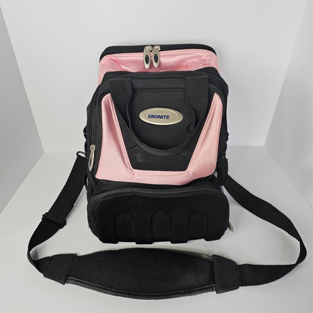 Ebonite Bowling Ball Bag Pink Black. Shoulder Strap. Front and side pockets.