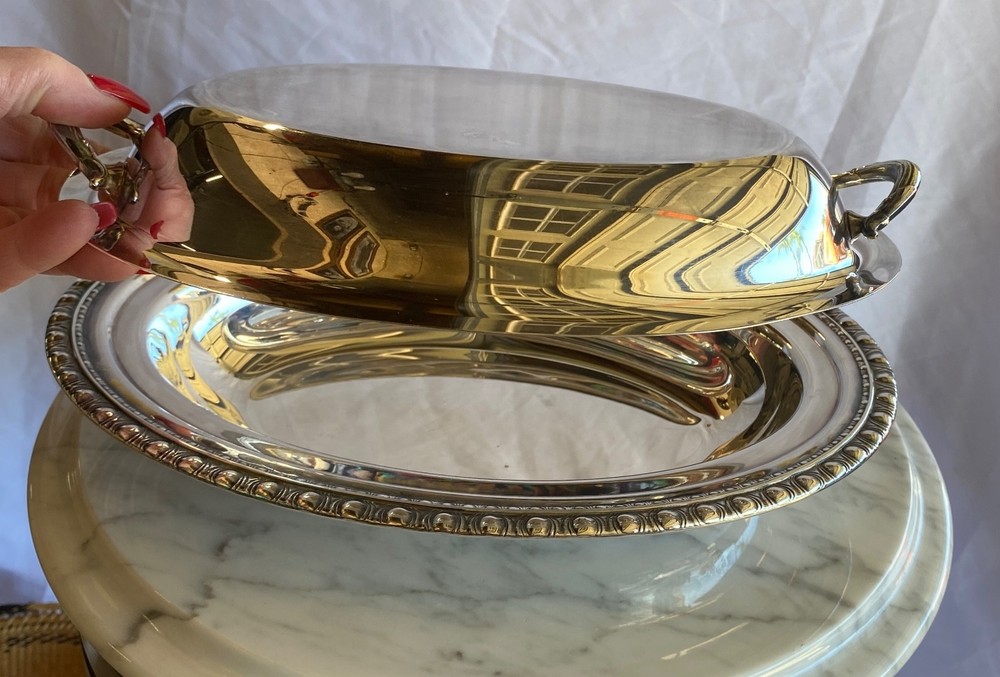 Oval Silverplate Covered Serving Dish Handles Beaded Edge