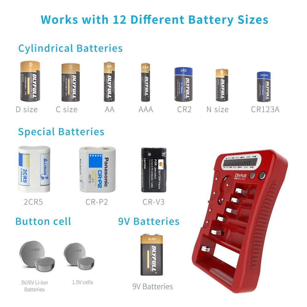 Dlyfull Battery Tester, LCD Display Universal Checker Compact, Red
