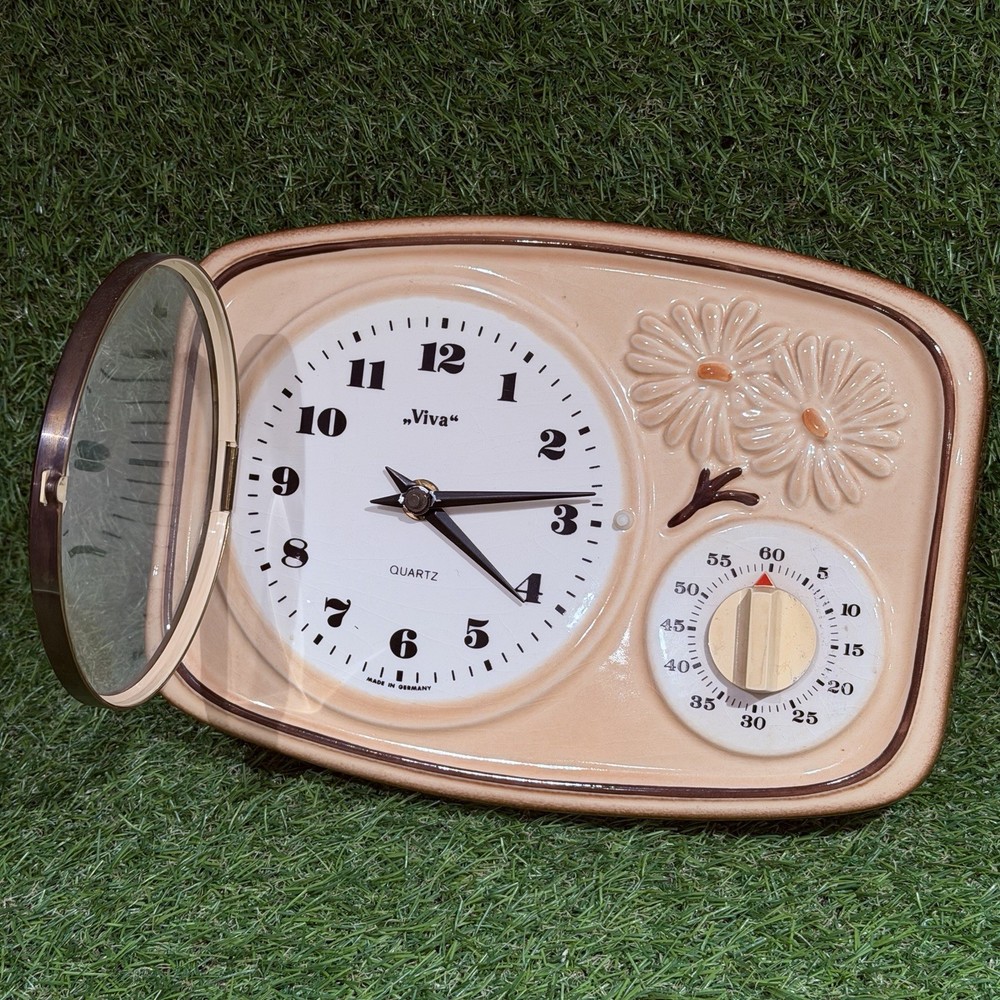 Vintage Retro Beige Flowered Ceramic German Kitchen Wall Clock/Timer/Working