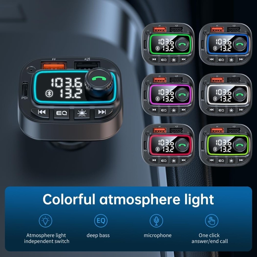 Multifunctional FM Transmitter with Deep Bass, Noise Cancellation & USB Charging