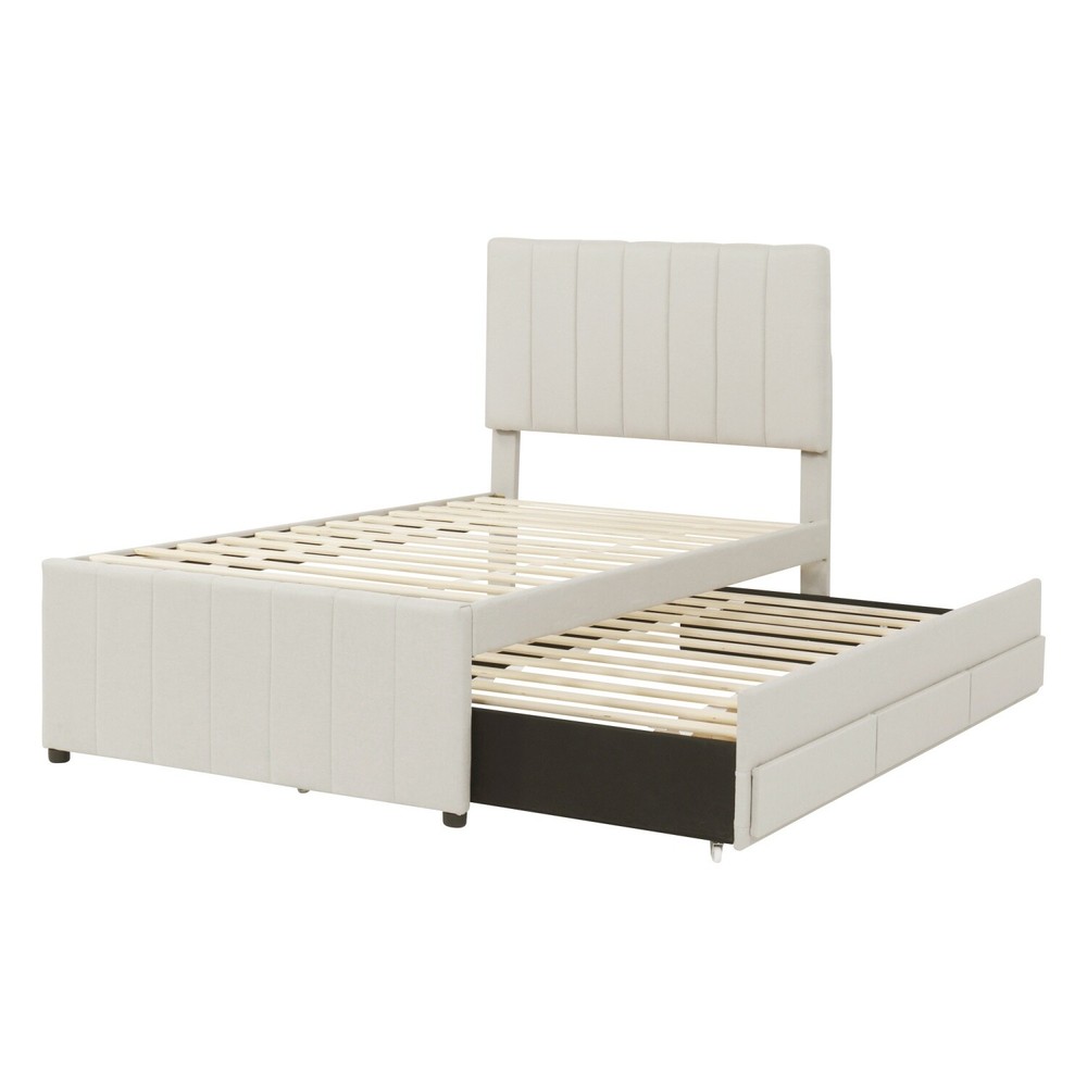 Twin Size Bed Frame Upholstered Platform Bed w/ Pull Out Trundle & 3 Drawers