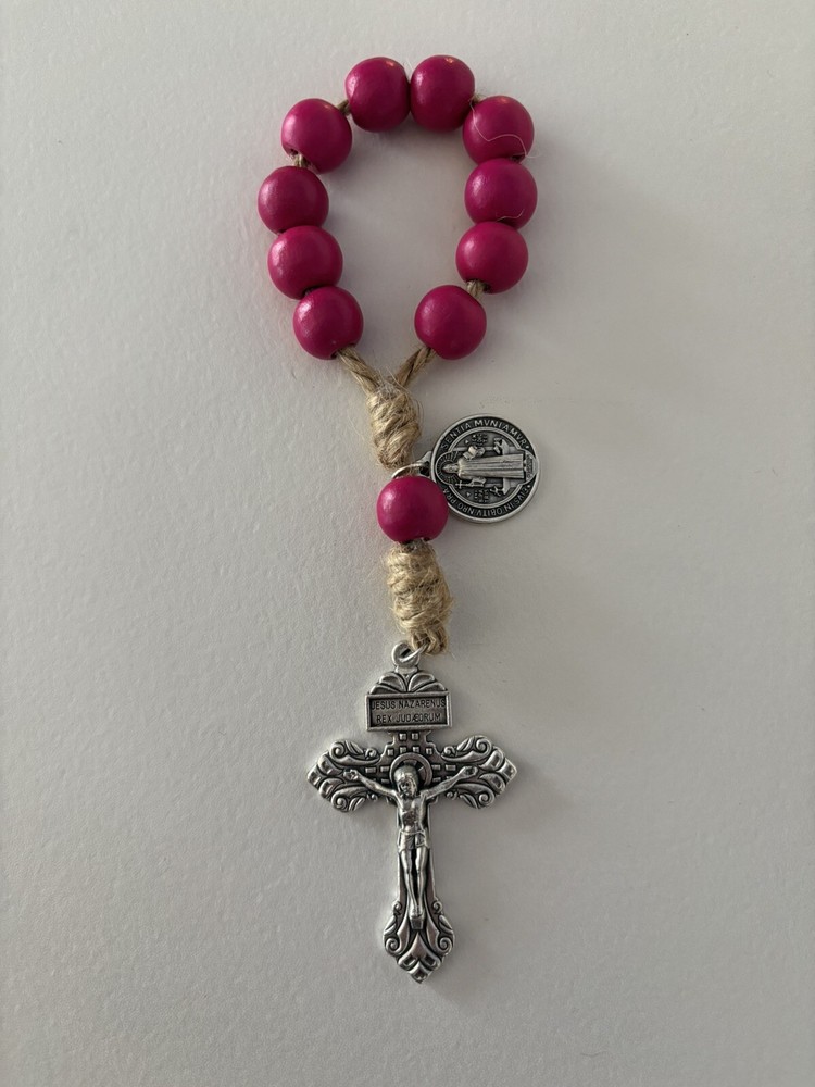 Jute Twine St. Benedict, Crucifix, Pink Wood Catholic Rosary Beads, One Decade