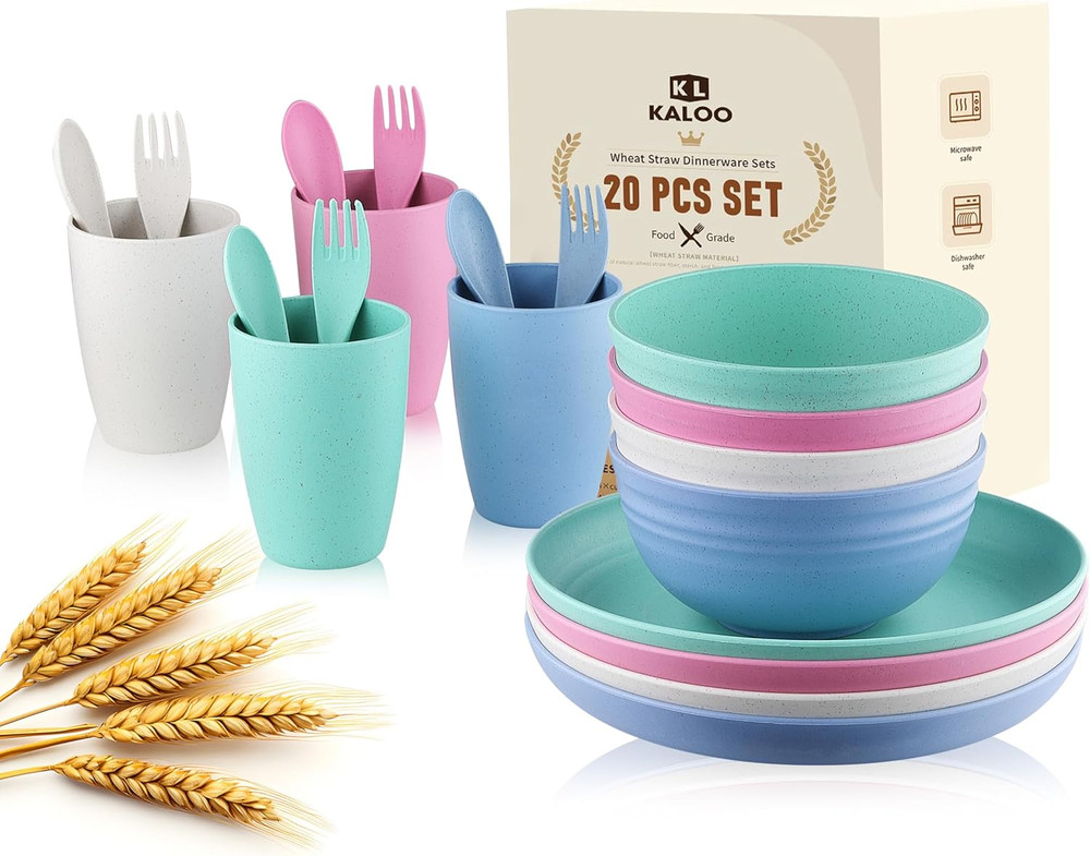 Wheat Straw Dishes Dinnerware Sets, 20Pcs Lightweight Unbreakable Dish Set, Mic