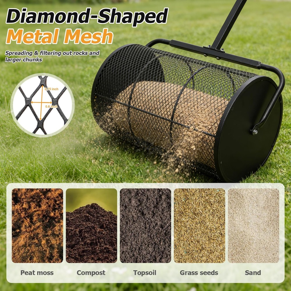 Compost Spreader 24in Peat Moss Spreader - U Shaped Comfortable Handle & Adju...
