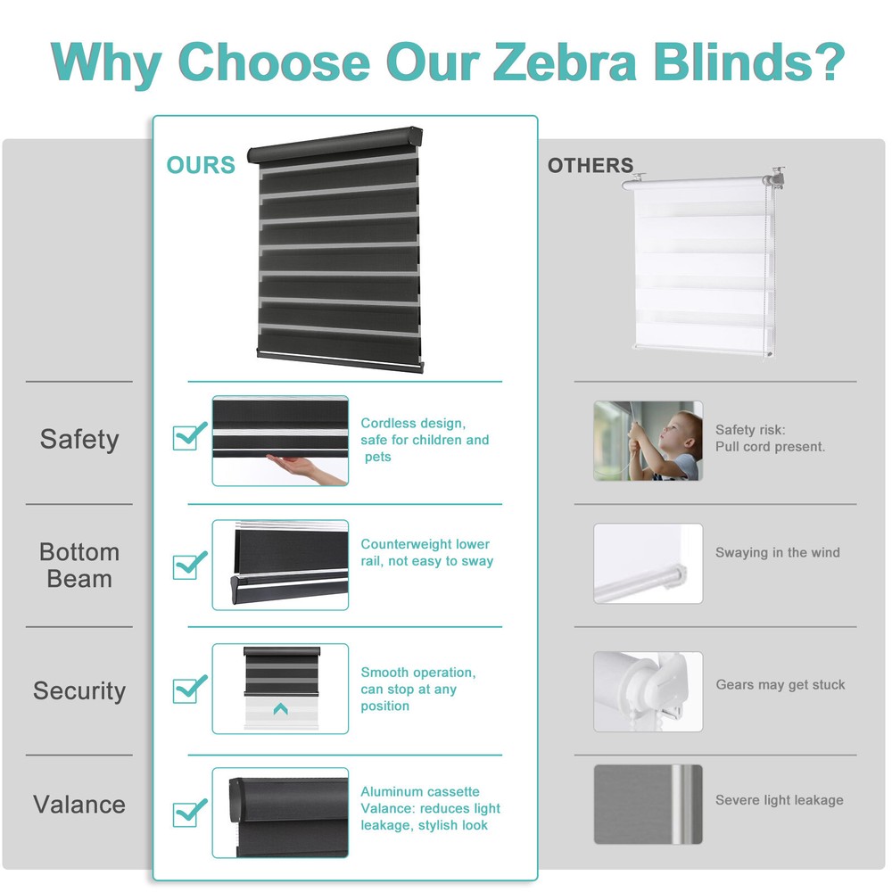 Horizontal Window Shade Blind Zebra Dual Roller Blinds Curtains,Easy to Install