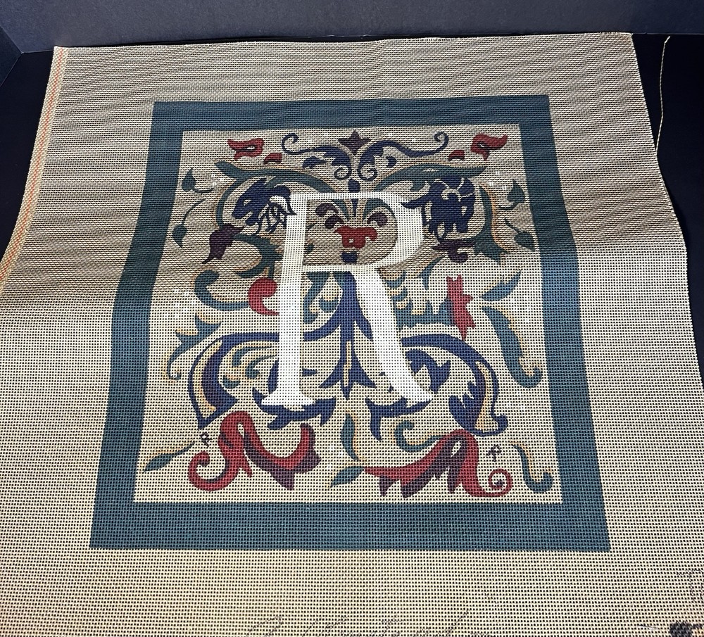 EXTRA LARGE HAND PAINTED NEEDLEPOINT CANVAS R MONOGRAM, PILLOW/WALL HANGING, 13C