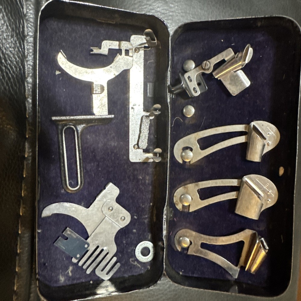 Vintage Greist Sewing Attachment Set Metal Box Assorted Attachments/Tools