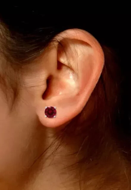 2Ct Lab Created Red Ruby Stud Earrings 14K White Gold Round Cut 7Mm Push Back