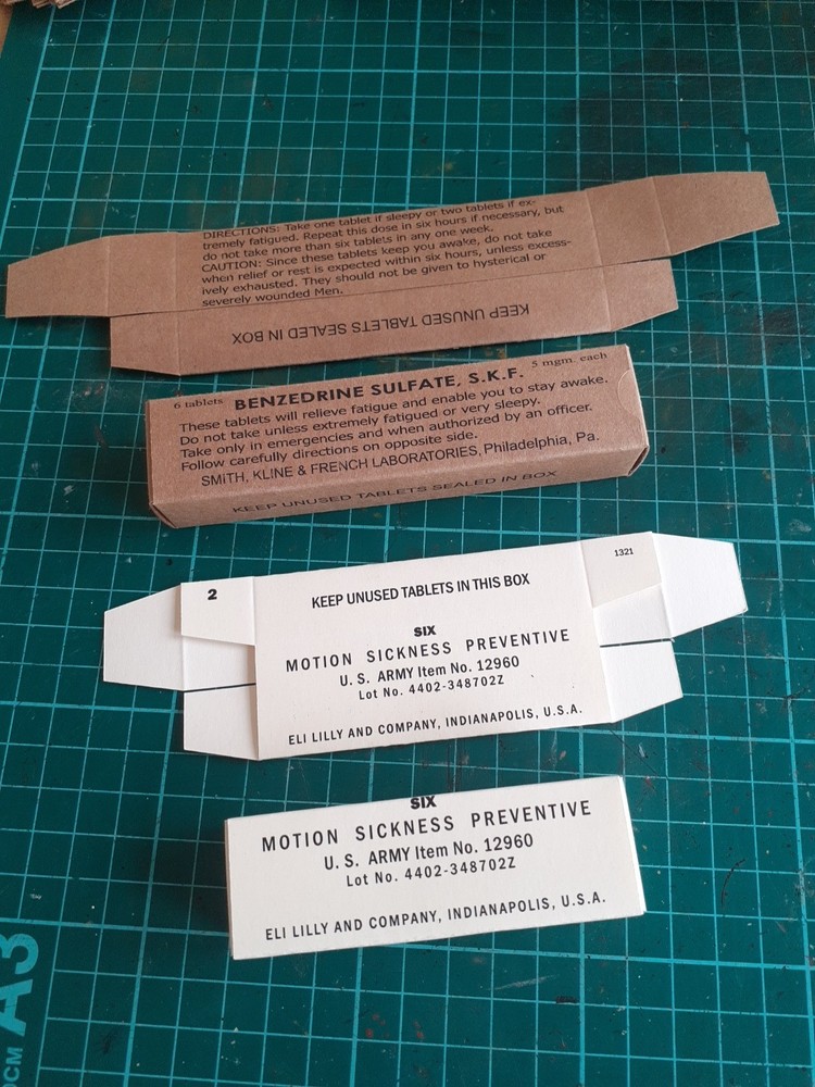 Reproduction WW2 US Army Motion Sickness And Benzodrine Tablets Boxes.