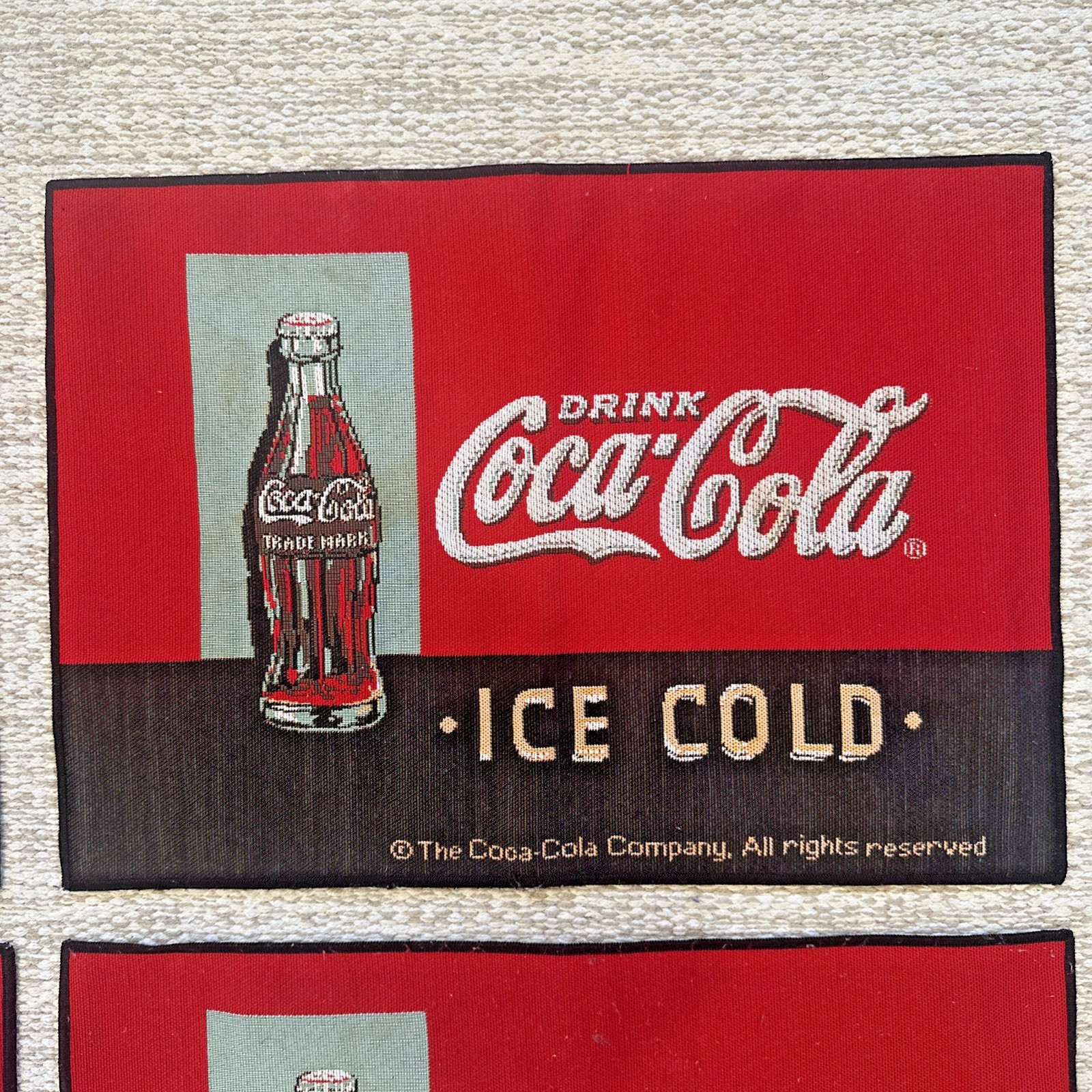 Drink Coca Cola Ice Cold Set of 4 Cloth Table Placemats Red Vtg Coke Ad ~18”x13”