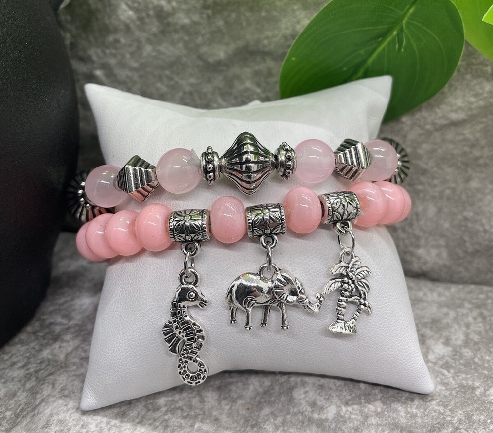 2 PC Handmade Boho Beaded Stackable 6.5” Plus Stretch Bracelet Set New B1177