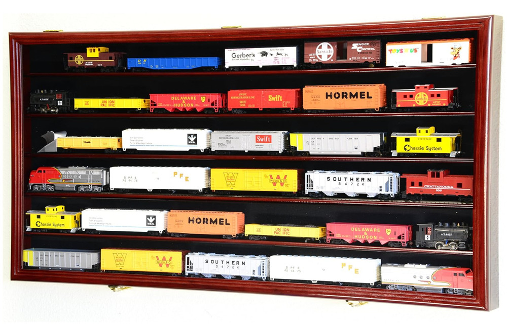 HO Scale Model Train Display Case Lockable Collection Shelf Cabinet Cherry LARGE