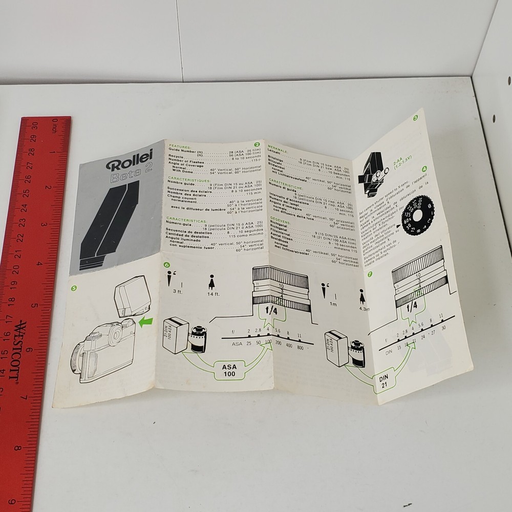 Vintage ROLLEI FLASH BETA 2 INSTRUCTION BOOK Guide Pamphlet Multiple Languages