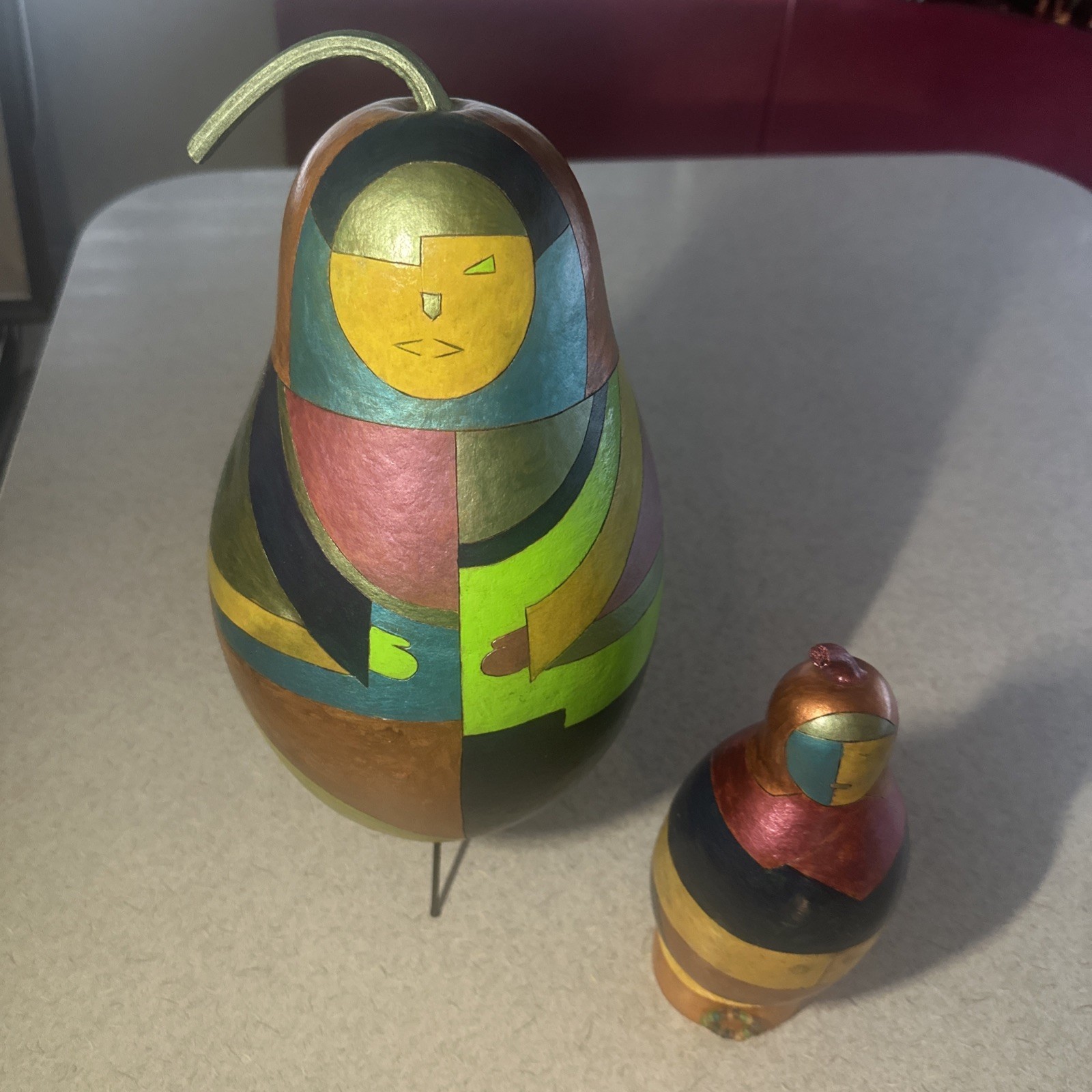 Modernist Painted Gourd Art Pair – Abstract Faces – Signed Folk Sculpture Set