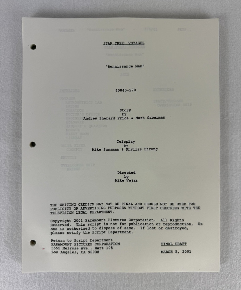 Star Trek Voyager “Renaissance Man” Final Draft Studio Script 03/05/2001