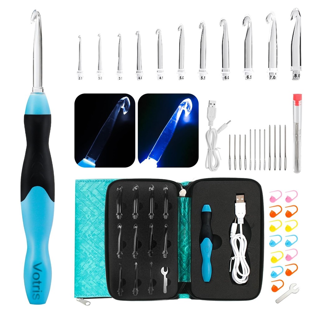 Light Up Crochet Hook Set - 11 in 1 Lighted Crochet Hook Set for Beginners, E...