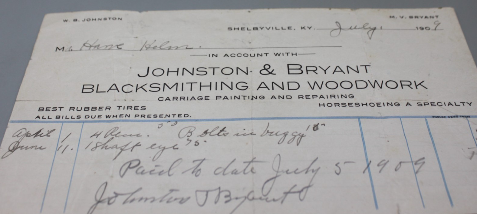 Antique 1909 Blacksmith Billhead Receipt Shelbyville Kentucky