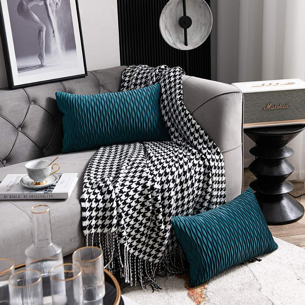12X20 Teal Throw Pillow Cases: 2 Pack Original Striped Velvet Rectangular Decora