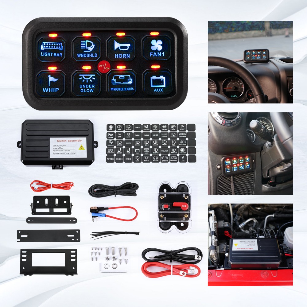 AUXBEAM 8 Gang Switch Panel On-Off LED Light Bar Circuit Control System Kit BLUE
