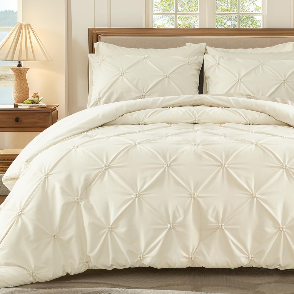 Queen Size Comforter Set Cream 3 Pieces Bed Lightweight Solid Bedding Comforters