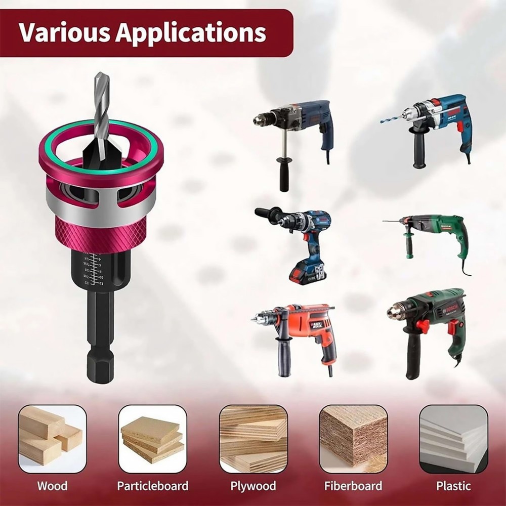 6PCS Adjustable Depth Stop Drill Bit Set for Countersinking Wood Screws Holes