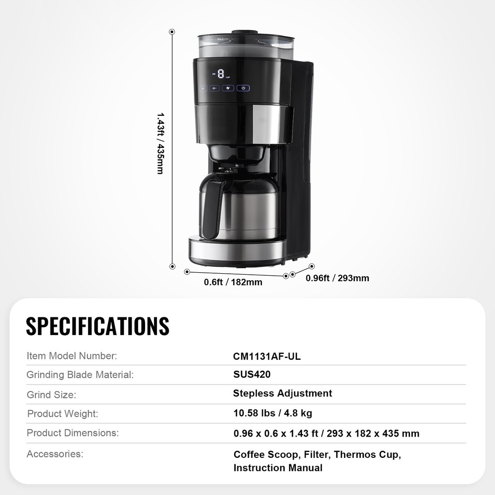 8 Cup Drip Coffee Machine Grind & Brew Coffee Maker w/ 3 Brew Strength Control