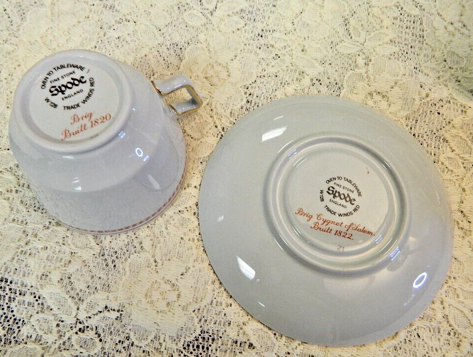 Spode Trade Winds Red Sailing Ship Footed Cup & Saucer 4 Pc. Set