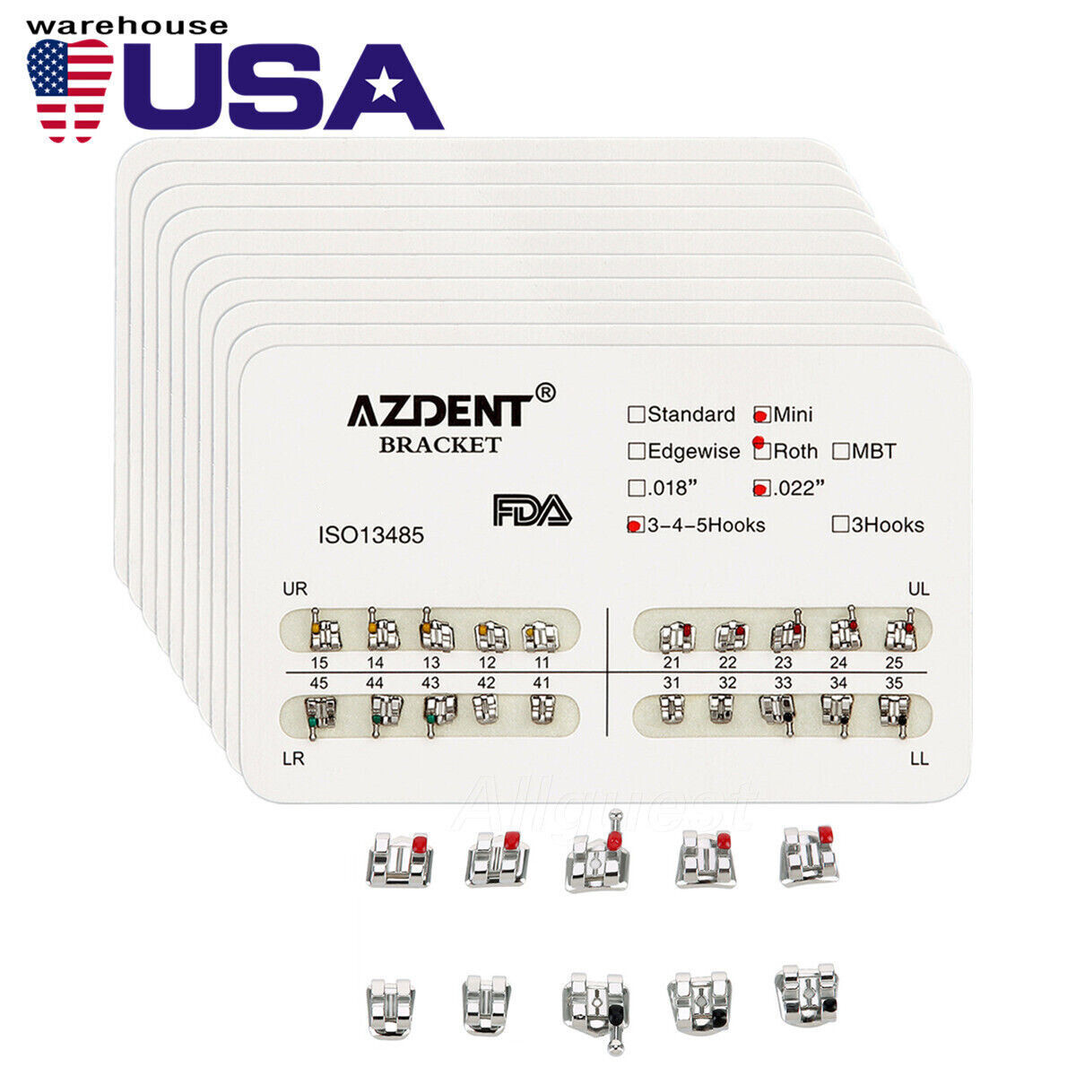 10 Packs AZDENT Dental Metal Brackets Mini/Standard MBT/Roth 022/018 Hooks 3/345