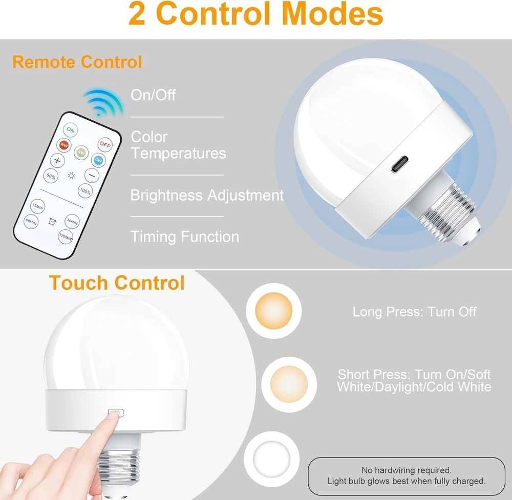 1/2PCS E26 Rechargeable Light Bulbs with Remote Control Timer and 3 Color Tem...