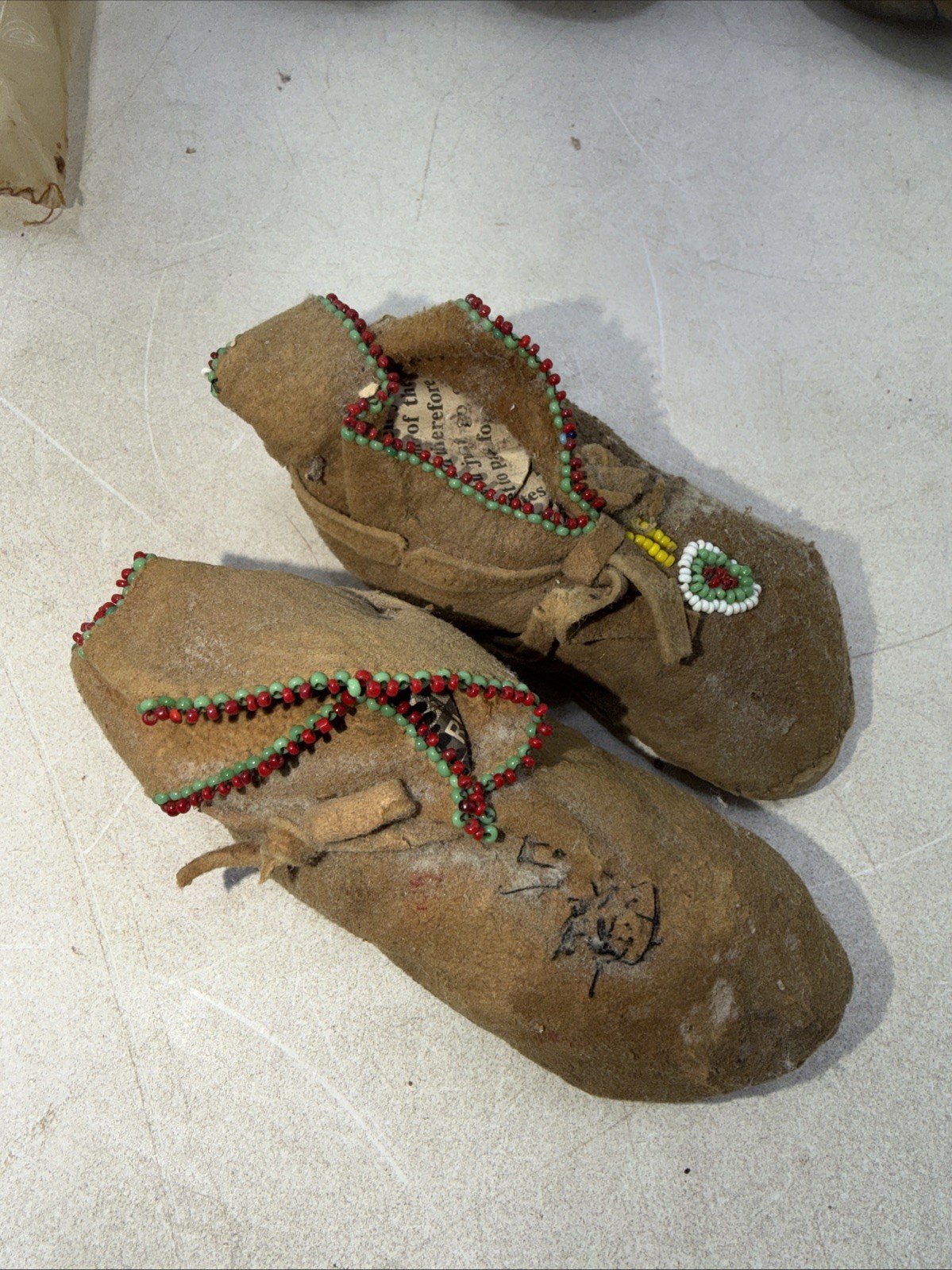 Authentic Native American Leather Beaded Moccasin Lot and Indian Rattle