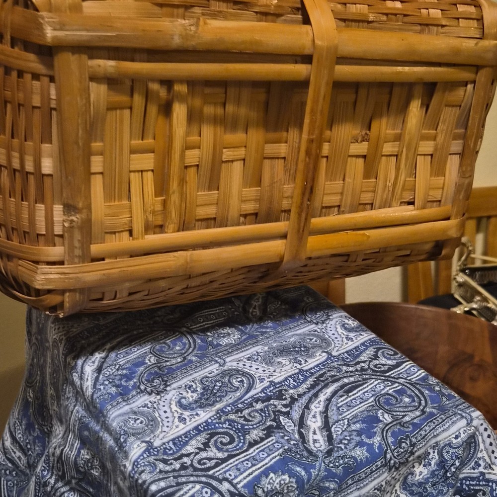 Bamboo Rectangular Lidded Basket with Handle, Brown, Handmade, Indoor Use