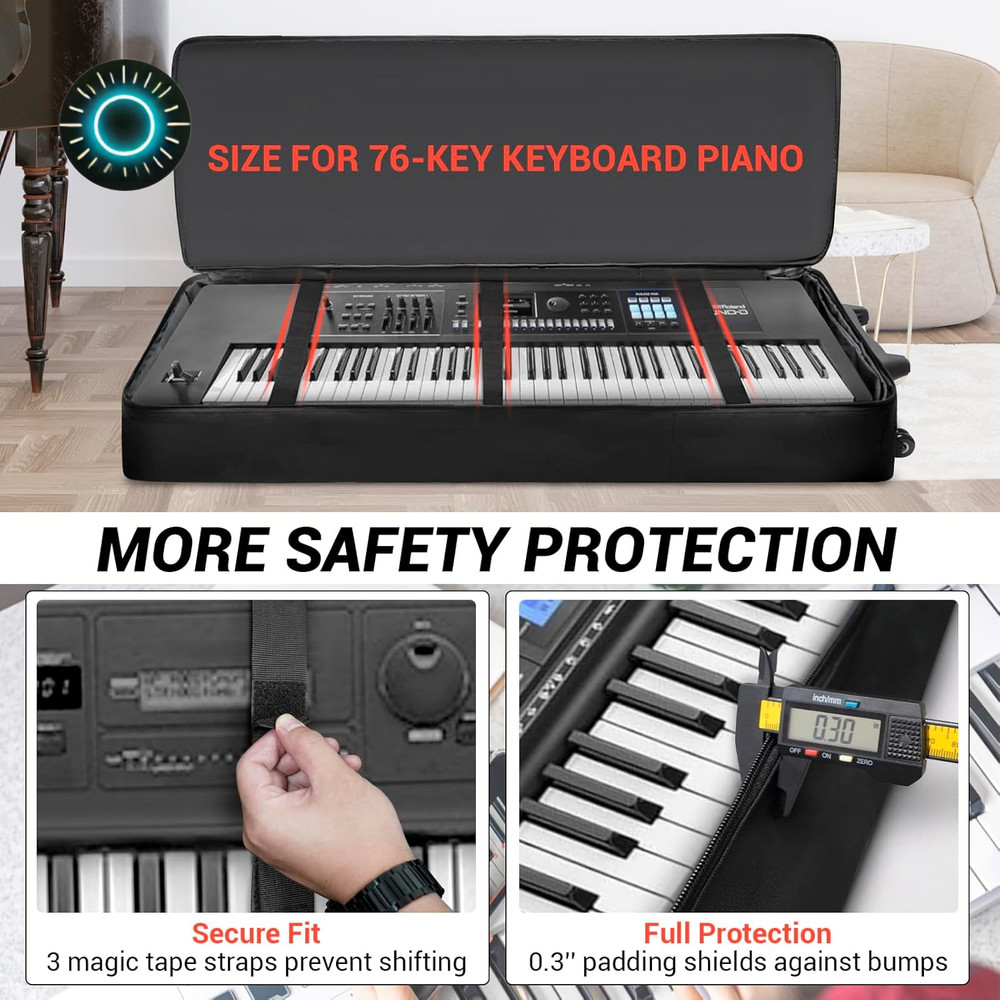 73/76 Key Keyboard Case with Wheels & Adjustable Shoulder Straps– Padded Rolling