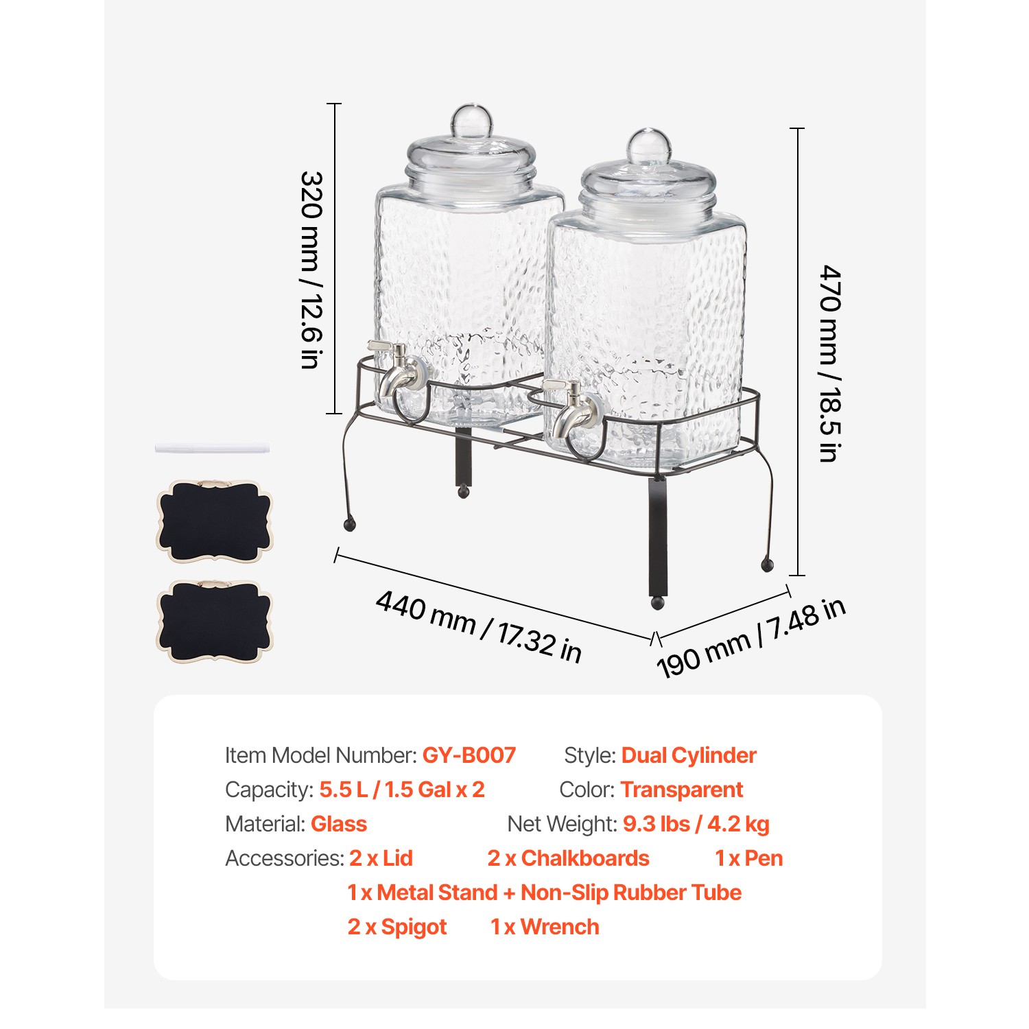 Drink Dispenser 1.5 Gal Beverage Dispenser for Parties Glass with Stand 2PCS