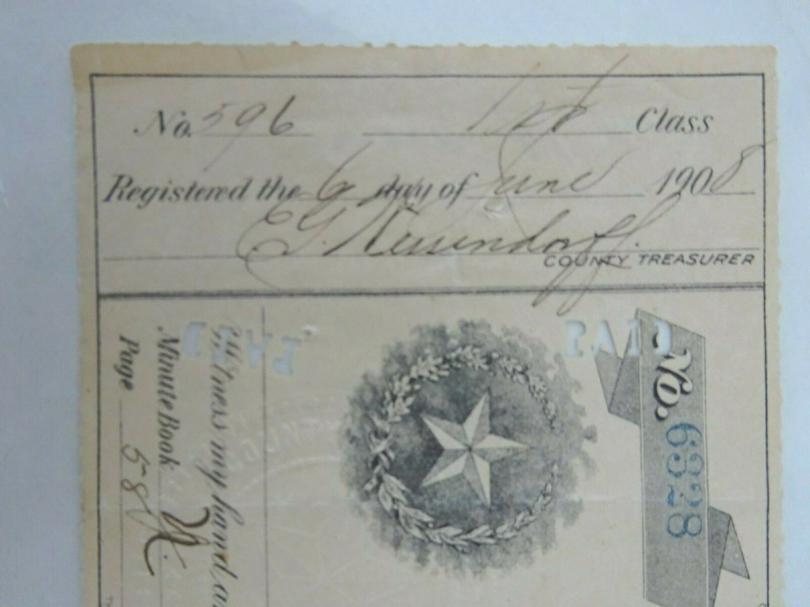 1908 County of Fort Bend, Texas Check Lone Star Seal