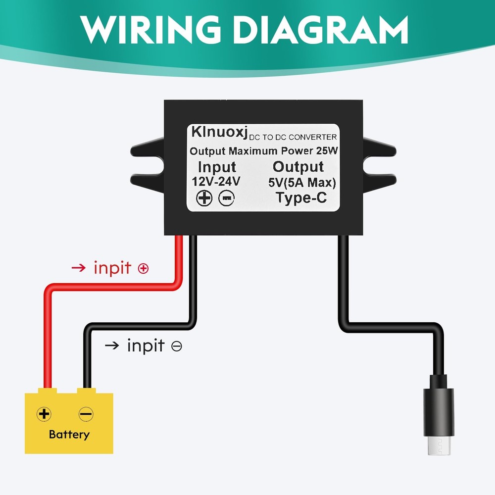 DC 12V/24V to 5V USB C Step Down Converter Type-C Interface 5A 25W Waterproof.
