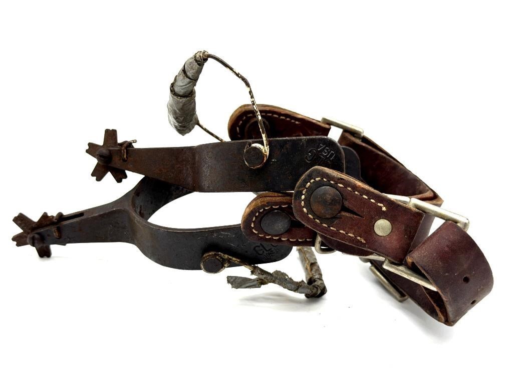 Vintage Rugged Heavy Duty Spurs & Leather Straps Cowboy Rodeo Bull Bronc Riding