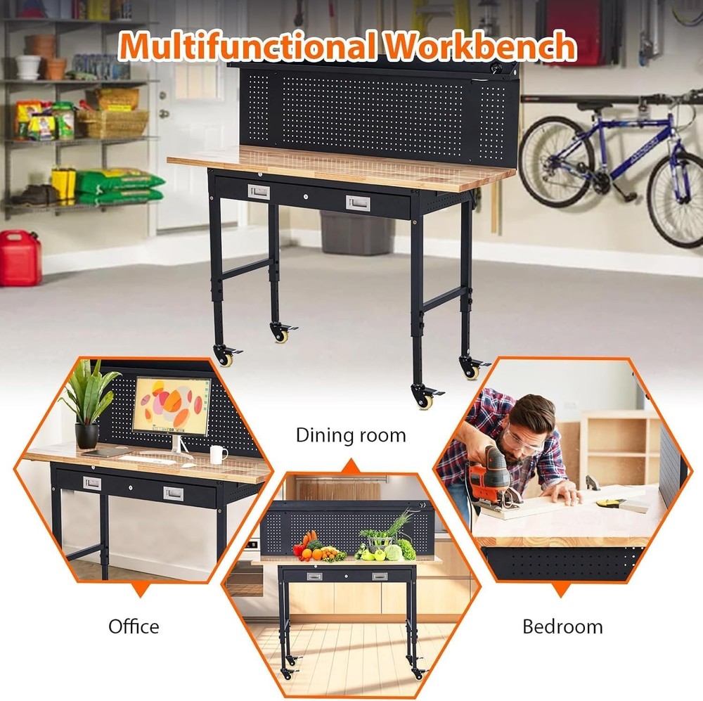 Workbench with Storage Drawer,Pegboard,Wheels Work Table for Garage,Workshop,60"