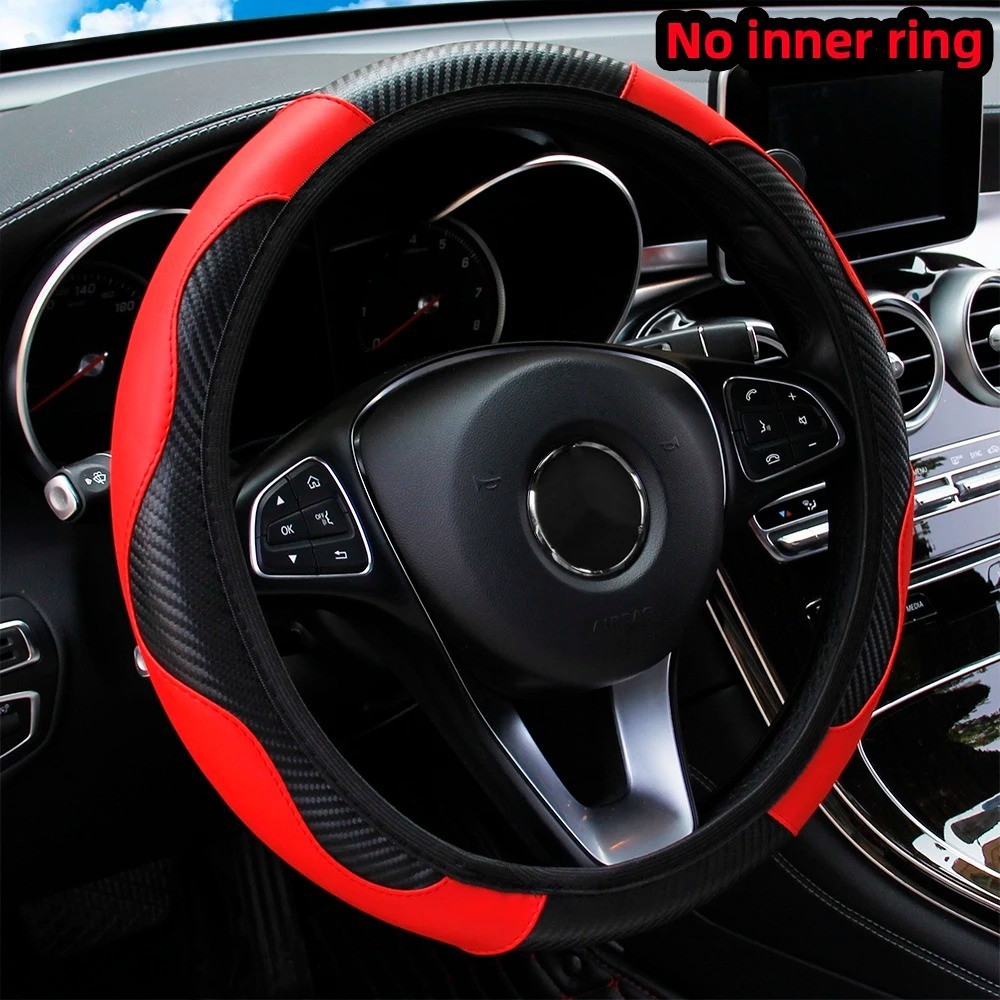 Car Steering Wheel Cover Red Black Leather Anti-slip For 15"/38cm Carbon Fiber