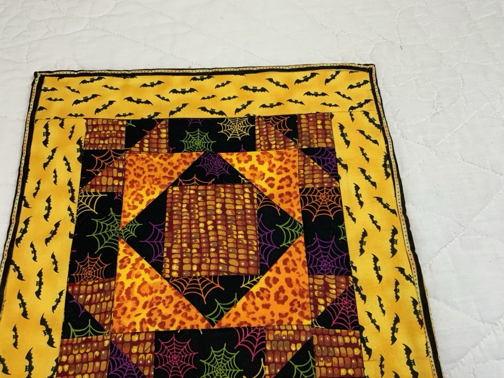 Hand Made Patchwork Quilt Table Topper, Fall, Halloween, Triangles & Squares