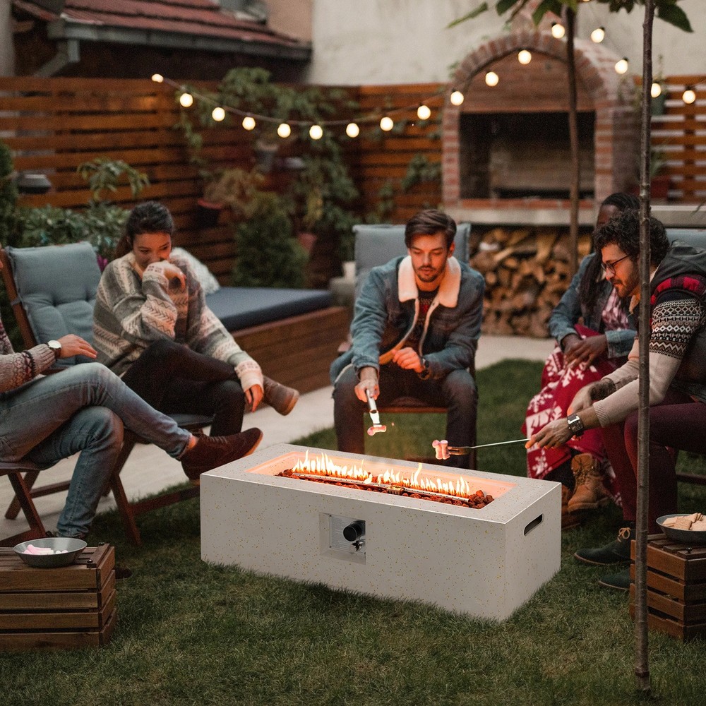42" Terrazzo Fire Pit Table Rectangle Propane Fire Pit w/ PVC Cover White