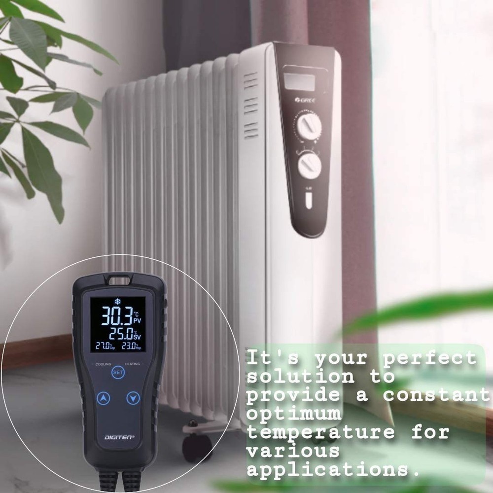 Digital Temperature Controller 2-Stage Thermostat Outlet Heating & Cooling Mo...