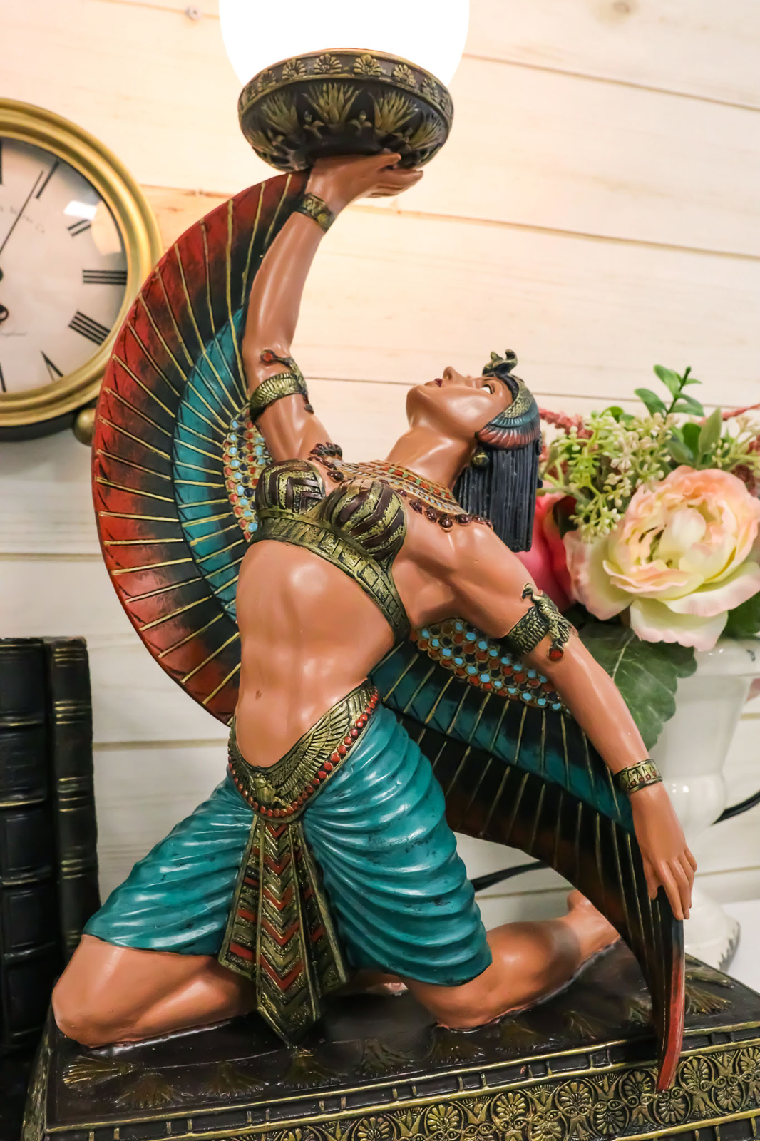 Egyptian Winged Goddess Isis Dancing Side Table Glass Orb Sphere Lamp Statue