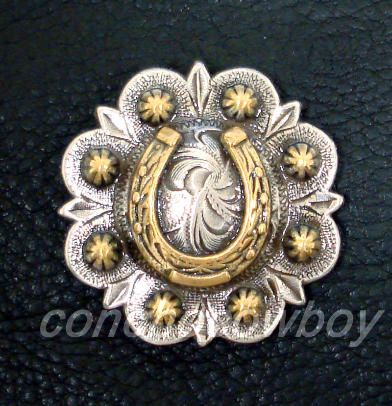 WESTERN SADDLE HORSE TACK ANTIQUE ENGRAVED GOLD HORSESHOE CONCHO screw back