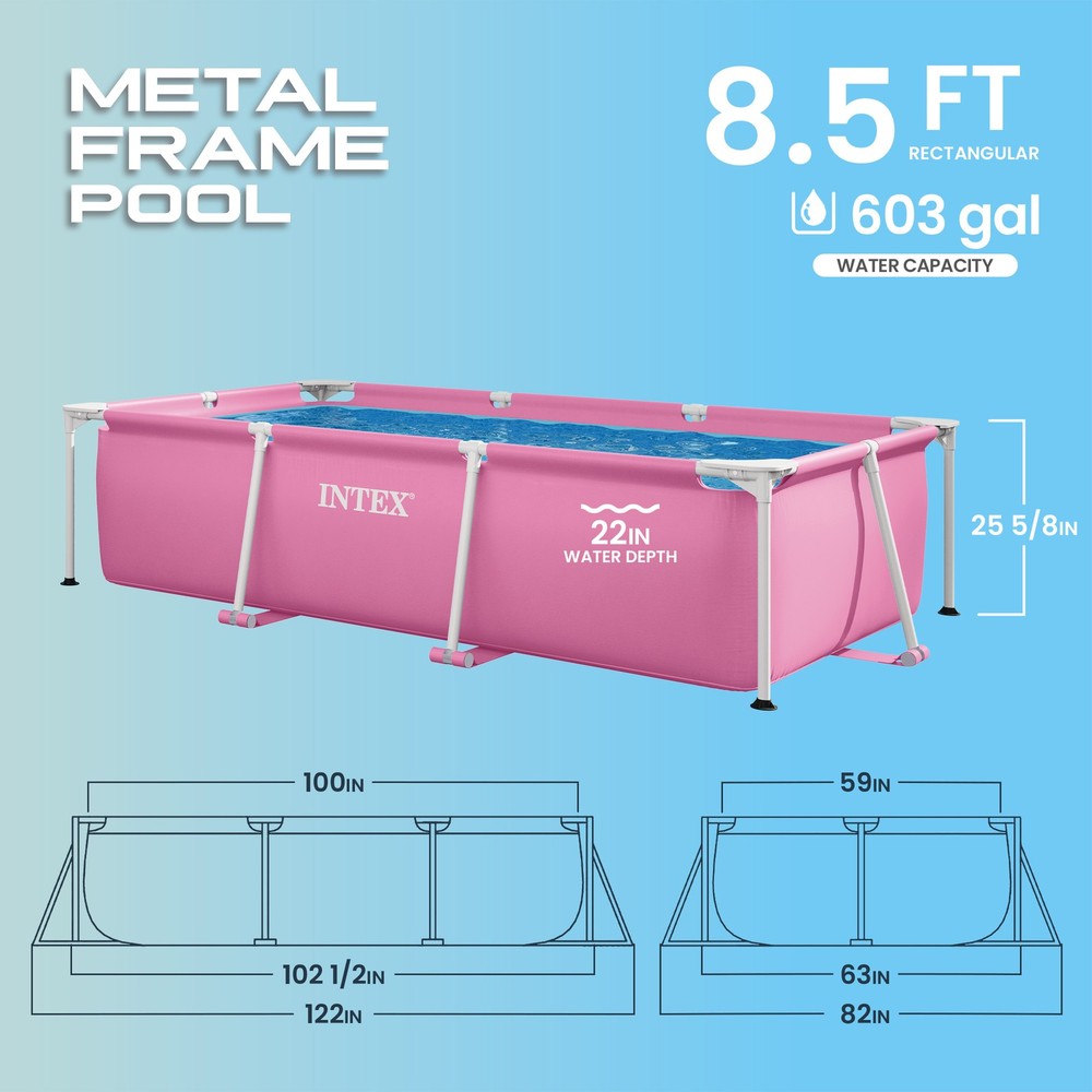 INTEX 8.5ft x 26in Rectangular Frame Above Ground Backyard Swimming Pool, Pink