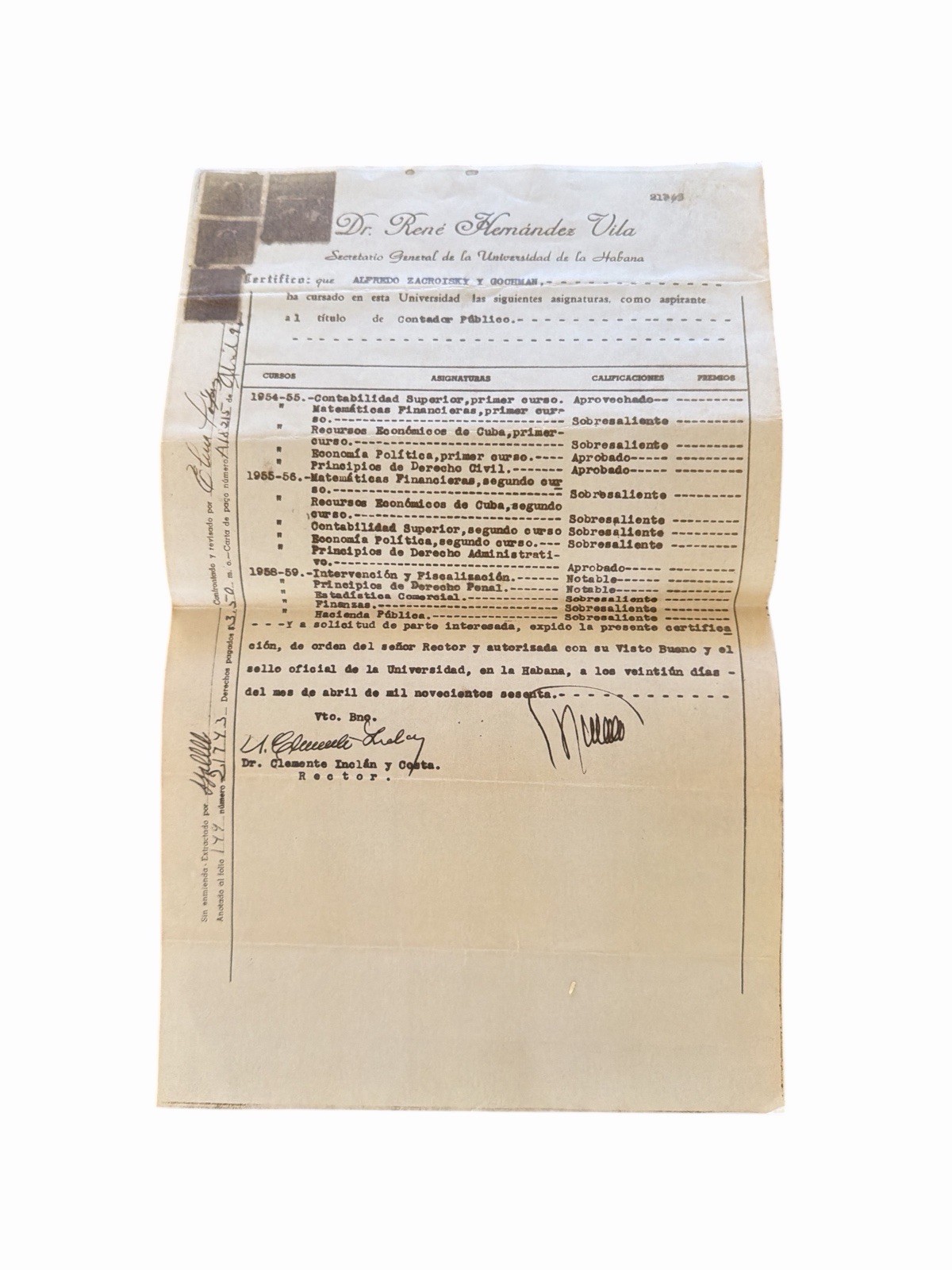 Vintage 1950s University of Havana Cuba Academic Certificate Spanish Document