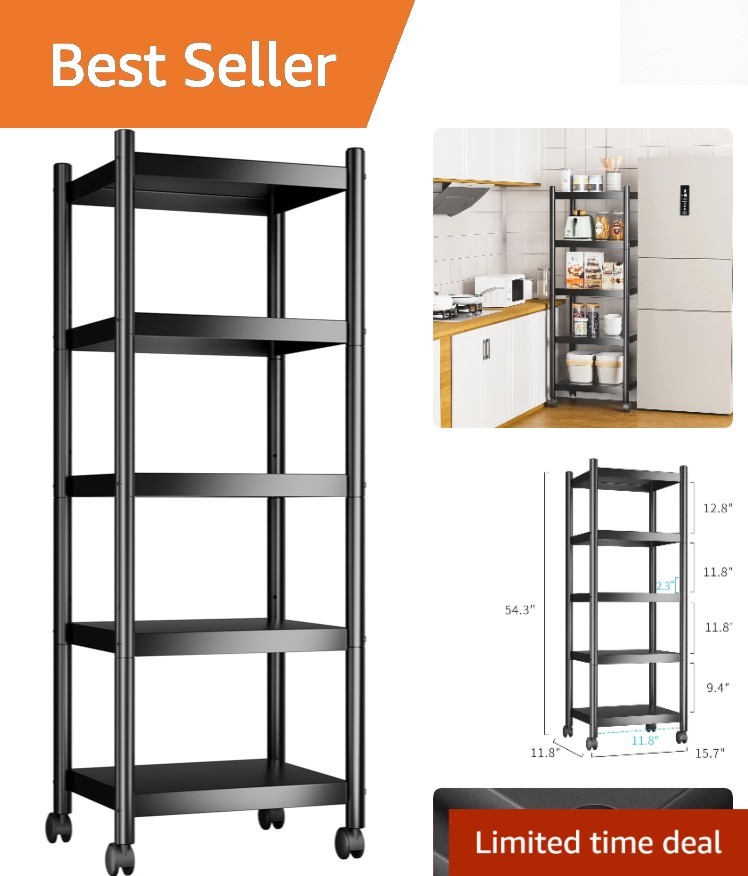 Compact 5-Tier Black Storage Shelves - Rust-Proof Utility Solution with Wheels