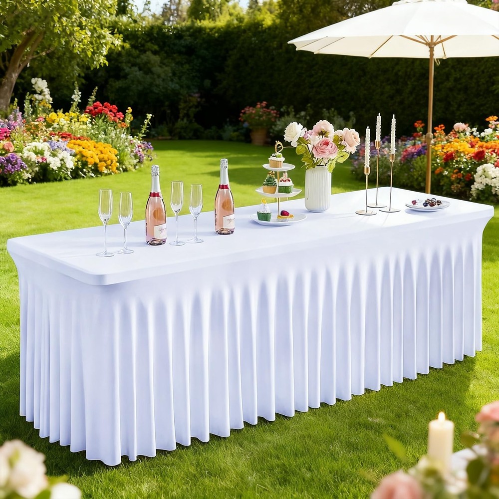 FAVE 2 Pack White Table Cloth Rectangle 6ft Table Cover Fitted Design Tables ...