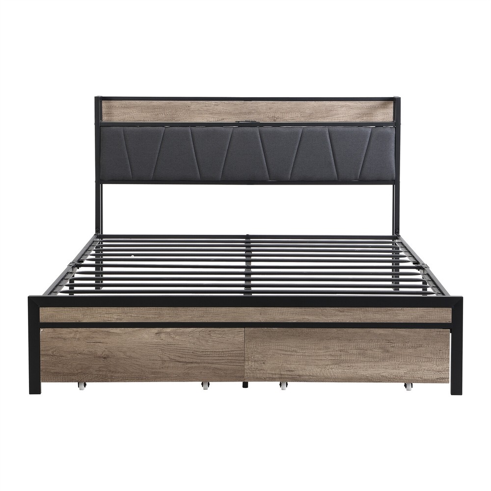 Queen Size Bed Frame w/ Upholstered Headboard Metal Platform Bed with 2 Drawer